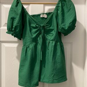 A New Day Green Tie Front Blouse with Puffed Sleeves